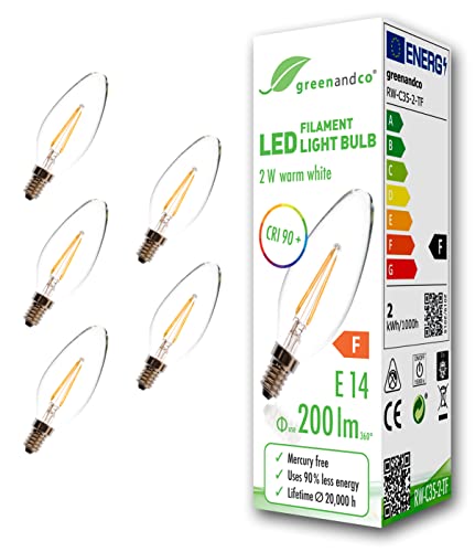 greenandco 5x CRI90+ Glühfaden LED Lampe ersetzt 20 Watt E14 Kerze, 2W 200 Lumen 2700K warmweiß Filament Fadenlampe 360° 230V AC nur Glas, nicht dimmbar, flimmerfrei, 2 Jahre Garantie von greenandco