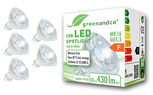 greenandco 5x MR16 GU5.3 LED Spot, 5W 430 lm 38° 3000K warmweiß COB LED 12V AC/DC, nicht dimmbar, 2 Jahre Garantie von greenandco
