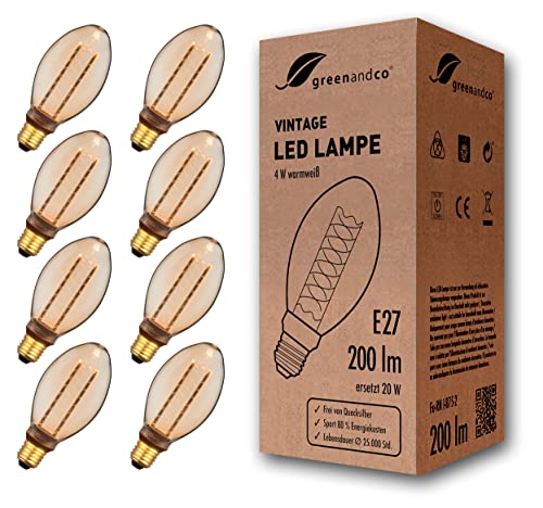 greenandco 8x Vintage Design LED Lampe zur Stimmungsbeleuchtung E27 B75 Edison Glühbirne, 4W 200lm 1800K gold extra warmweiß 320° 230V flimmerfrei, nicht dimmbar, 2 Jahre Garantie von greenandco