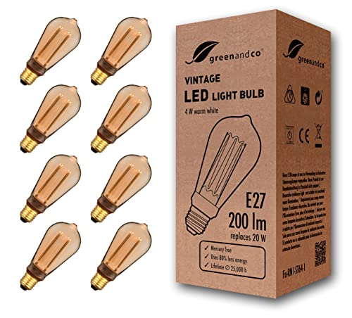 8x greenandco® Vintage Design LED Lampe zur Stimmungsbeleuchtung E27 ST64 Edison Glühbirne, 4W 200lm 1800K gold extra warmweiß 320° 230V flimmerfrei, nicht dimmbar, 2 Jahre Garantie von greenandco