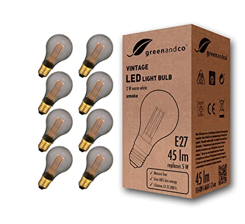 greenandco 8x Vintage Design LED Birne zur Stimmungsbeleuchtung | E27 A60 | smoke | 2W 45lm | 1800K extra warmweiß | 320° | 230V | flimmerfrei | nicht dimmbar | Edison Glühbirne von greenandco