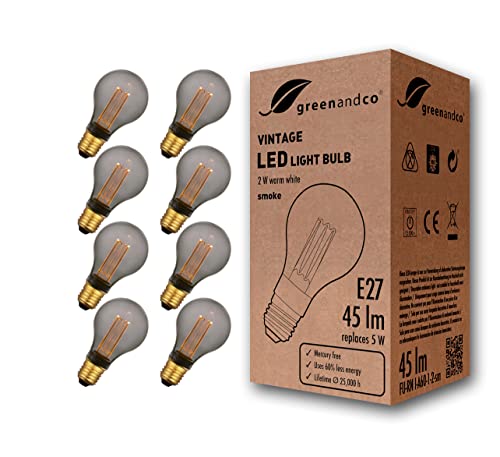 greenandco 8x Vintage Design LED Lampe zur Stimmungsbeleuchtung E27 A60 Edison Glühbirne 2W 45lm 2000K smoke extra warmweiß 320° 230V flimmerfrei, nicht dimmbar, 2 Jahre Garantie von greenandco