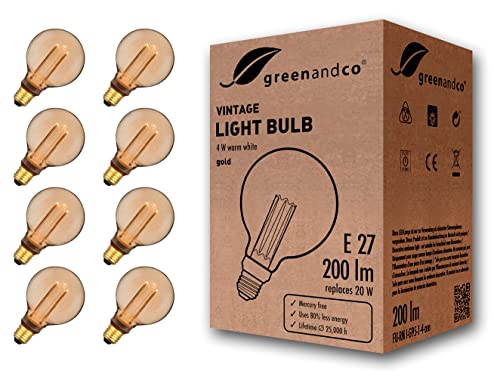 greenandco 8x Vintage Design LED Birne zur Stimmungsbeleuchtung | E27 G95 | gold | 4W 200lm | 1800K extra warmweiß | 320° | 230V | flimmerfrei | nicht dimmbar | Edison Glühbirne von greenandco