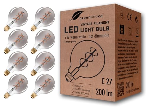 greenandco 8x Vintage Glühfaden LED Kerze | silbergrau | E27 G95 | 5W 200lm | 1800K extra warmweiß | 360° | 230V | flimmerfrei | nicht dimmbar von greenandco