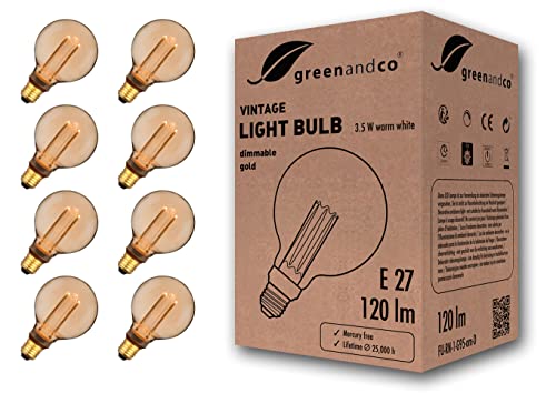 greenandco 8x dimmbare Vintage Design LED Lampe E27 G95 3,5W 120lm 1800K gold extra warmweiß 320° 230V flimmerfrei Edison Glühbirne zur Stimmungsbeleuchtung, 2 Jahre Garantie von greenandco