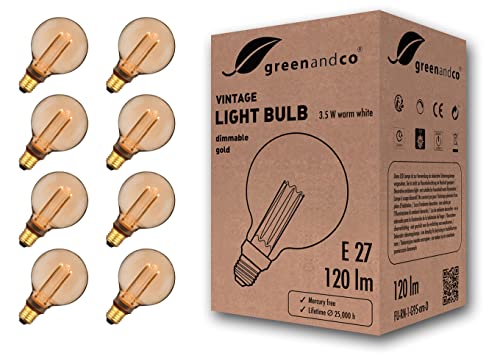 greenandco 8x dimmbare Vintage Design LED Birne zur Stimmungsbeleuchtung | E27 G95 | gold | 3,5W 120lm | 1800K extra warmweiß | 320° | 230V | flimmerfrei | Edison Glühbirne von greenandco