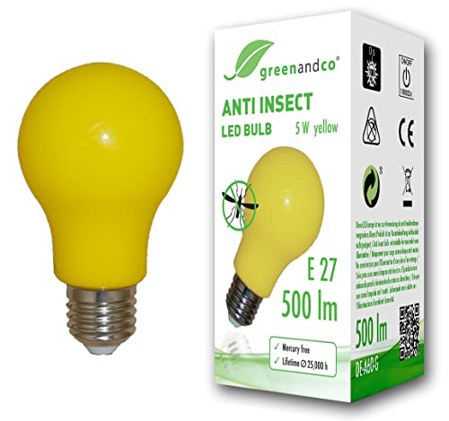 greenandco® Anti-Insekten LED Glühbirne E27, 560-580nm Wellenlänge, gelb, Nicht dimmbar, 2 Jahre Garantie von greenandco