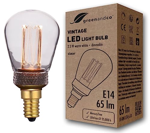 greenandco dimmbare Vintage Design LED Birne zur Stimmungsbeleuchtung | E14 ST45 | klar | 2,3W 65lm | 1800K extra warmweiß | 320° | 230V | flimmerfrei | Edison Glühbirne von greenandco