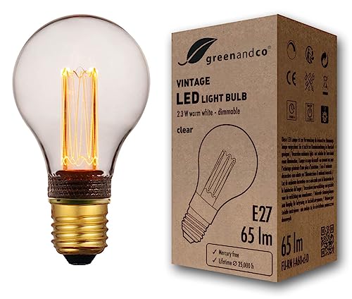 greenandco dimmbare Vintage Design LED Birne zur Stimmungsbeleuchtung | E27 A60 | klar | 2,3W 65lm | 1800K extra warmweiß | 320° | 230V | flimmerfrei | Edison Glühbirne von greenandco