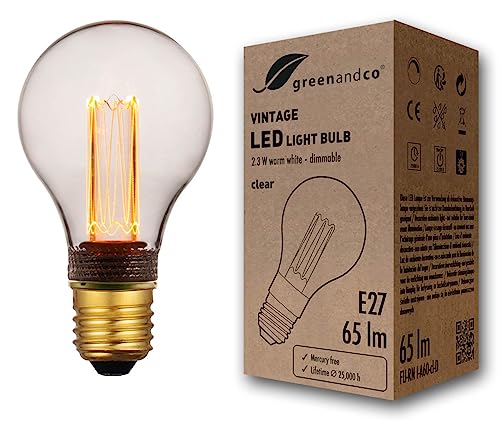 greenandco® dimmbare Vintage Design LED Lampe E27 A60 2,3W 65lm 1800K klar extra warmweiß 320° 230V flimmerfrei Edison Glühbirne zur Stimmungsbeleuchtung, 2 Jahre Garantie von greenandco