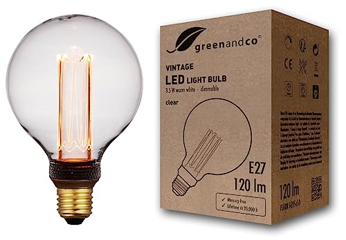 greenandco dimmbare Vintage Design LED Birne zur Stimmungsbeleuchtung | E27 G95 | klar | 3,5W 120lm | 1800K extra warmweiß | 320° | 230V | flimmerfrei | Edison Glühbirne von greenandco