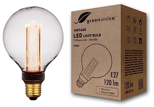 greenandco® dimmbare Vintage Design LED Lampe E27 G95 3,5W 120lm 1800K klar extra warmweiß 320° 230V flimmerfrei Edison Glühbirne zur Stimmungsbeleuchtung, 2 Jahre Garantie von greenandco