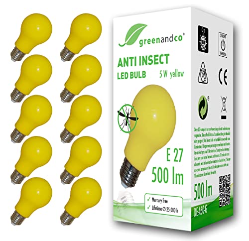 10x greenandco® Anti-Insekten LED Glühbirne E27, 560-580nm Wellenlänge, gelb, Nicht dimmbar, 2 Jahre Garantie von greenandco