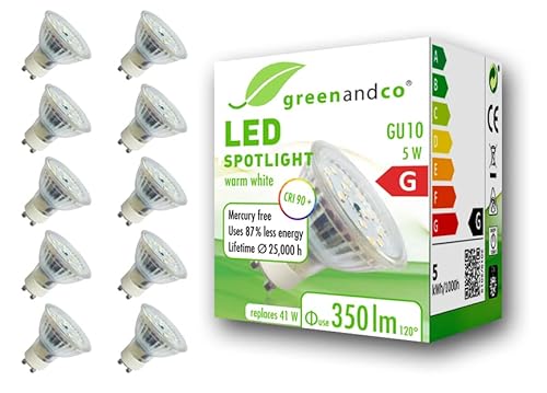 greenandco 10x CRI 90+ GU10 LED Spot, 5W 350 lm 110° 3000K warmweiß 230V, flimmerfrei, nicht dimmbar, 2 Jahre Garantie von greenandco