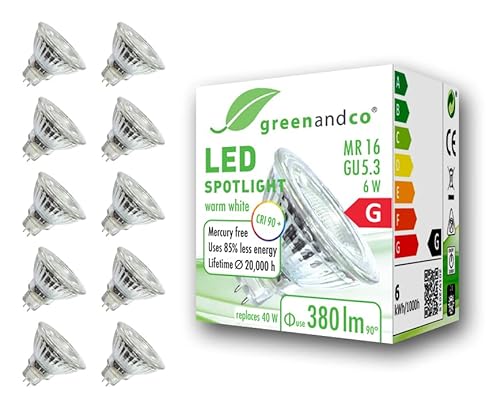 greenandco 10x CRI 90+ MR16 GU5.3 LED Spot, 6W 380 lm 36° 3000K warmweiß 12V AC/DC, nicht dimmbar, 2 Jahre Garantie von greenandco