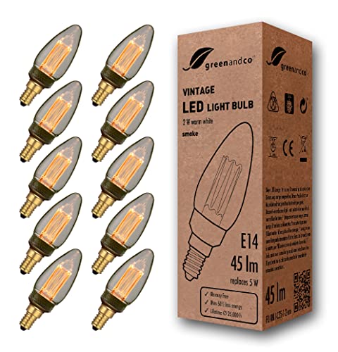 greenandco 10x Vintage Design LED Lampe zur Stimmungsbeleuchtung E14 C35 Edison Glühbirne 2W 45lm 2000K smoke extra warmweiß 320° 230V flimmerfrei, nicht dimmbar, 2 Jahre Garantie von greenandco