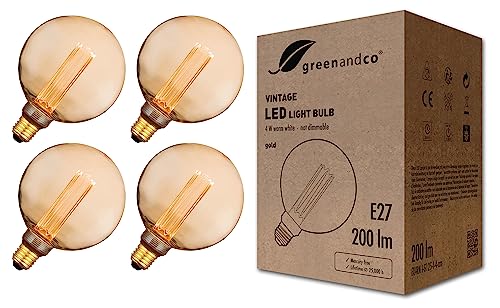 greenandco 4x Vintage Design LED Lampe zur Stimmungsbeleuchtung E27 G125 Edison Glühbirne, 4W 200lm 1800K gold extra warmweiß 320° 230V flimmerfrei, nicht dimmbar, 2 Jahre Garantie von greenandco