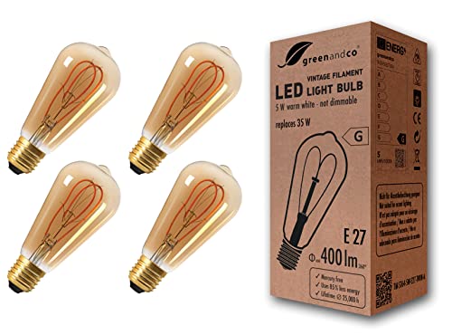 greenandco 4x Vintage Glühfaden LED Lampe gold E27 ST64 5W 400lm 2000K extra warmweiß 360° 230V flimmerfrei, nicht dimmbar, 2 Jahre Garantie von greenandco