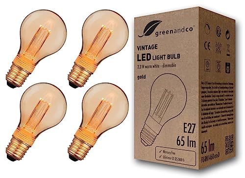 greenandco 4x dimmbare Vintage Design LED Lampe E27 A60 2,3W 65lm 1800K gold extra warmweiß 320° 230V flimmerfrei Edison Glühbirne zur Stimmungsbeleuchtung, 2 Jahre Garantie von greenandco