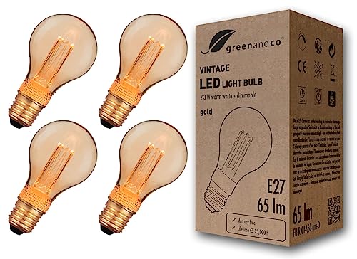 greenandco 4x dimmbare Vintage Design LED Birne zur Stimmungsbeleuchtung | E27 A60 | gold | 2,3W 65lm | 1800K extra warmweiß | 320° | 230V | flimmerfrei | Edison Glühbirne von greenandco
