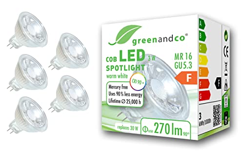 greenandco 5x CRI 90+ MR16 GU5.3 LED Spot, 3W 270 lm 38° 2700K warmweiß COB LED 12V AC/DC, nicht dimmbar, 2 Jahre Garantie von greenandco