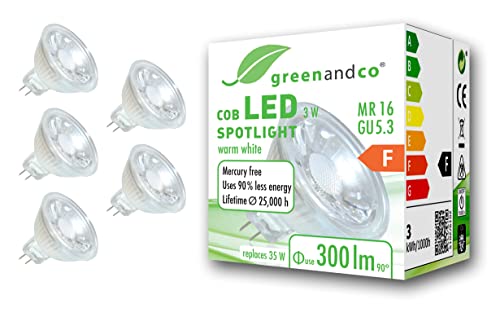 greenandco 5x MR16 GU5.3 LED Spot, 3W 300 lm 38° 2700K warmweiß COB LED 12V AC/DC, nicht dimmbar, 2 Jahre Garantie von greenandco