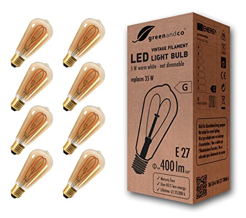 greenandco 8x Vintage Glühfaden LED Lampe gold E27 ST64 5W 400lm 2000K extra warmweiß 360° 230V flimmerfrei, nicht dimmbar, 2 Jahre Garantie von greenandco