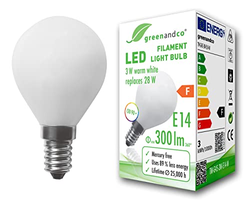 greenandco® CRI 90+ Glühfaden LED Lampe ersetzt 28 Watt E14 G45 Globe matt, 3W 300 Lumen 2700K warmweiß Filament Fadenlampe 360° 230V AC nur Glas, nicht dimmbar, flimmerfrei, 2 Jahre Garantie von greenandco