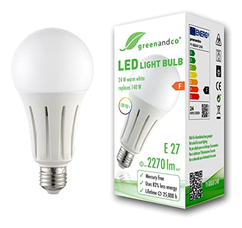 greenandco® CRI 90+ LED Lampe ersetzt 140 Watt E27 Birne matt, 24W 2270 Lumen 3000K warmweiß 270° 230V AC, flimmerfrei, nicht dimmbar, 2 Jahre Garantie von greenandco