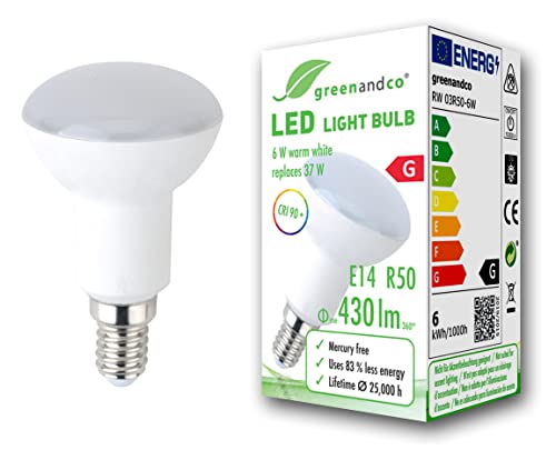 greenandco® CRI 90+ LED Lampe ersetzt 37 Watt R50 E14 matt, 6W 430 Lumen 3000K warmweiß 160° 230V AC, flimmerfrei, nicht dimmbar, 2 Jahre Garantie von greenandco