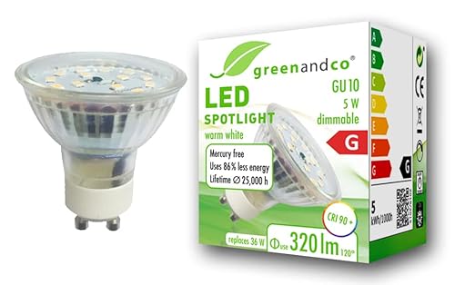 greenandco® CRI 90+ GU10 LED Spot dimmbar, 5W 320 lm 110° 3000K warmweiß 230V, flimmerfrei, 2 Jahre Garantie von greenandco