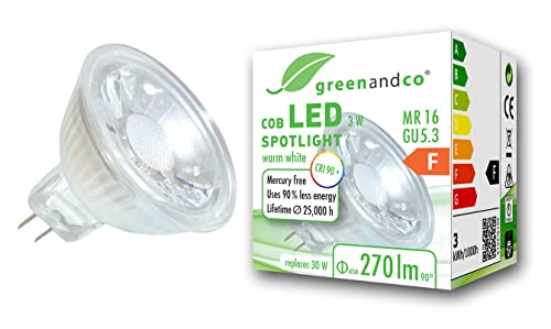 greenandco® CRI 90+ MR16 GU5.3 LED Spot, 3W 270 lm 38° 2700K warmweiß COB LED 12V AC/DC, nicht dimmbar, 2 Jahre Garantie von greenandco