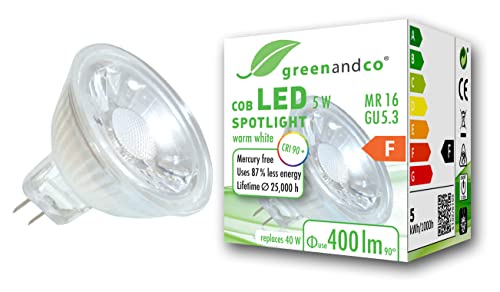 greenandco® CRI 90+ MR16 GU5.3 LED Spot, 5W 400 lm 38° 3000K warmweiß COB LED 12V AC/DC, nicht dimmbar, 2 Jahre Garantie von greenandco