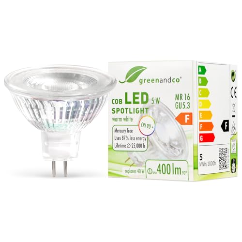 greenandco® CRI 90+ MR16 GU5.3 LED Spot, 5W 400 lm 38° 3000K warmweiß COB LED 12V AC/DC, nicht dimmbar, 2 Jahre Garantie von greenandco