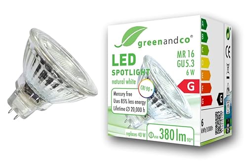 greenandco® CRI 90+ MR16 GU5.3 LED Spot, 6W 380 lm 36° 4000K neutralweiß 12V AC/DC, nicht dimmbar, 2 Jahre Garantie von greenandco