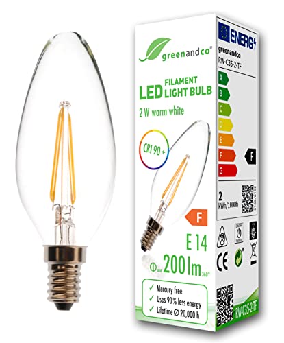 greenandco® CRI90+ Glühfaden LED Lampe ersetzt 20 Watt E14 Kerze, 2W 200 Lumen 2700K warmweiß Filament Fadenlampe 360° 230V AC nur Glas, nicht dimmbar, flimmerfrei, 2 Jahre Garantie von greenandco