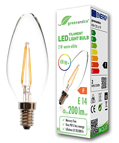 greenandco® CRI90+ Glühfaden LED Lampe | klar | ersetzt 20 Watt E14 Kerze | 2W 200 Lumen | 2700K warmweiß | Filament Fadenlampe | 360° 230V AC | nicht dimmbar | flimmerfrei | 2 Jahre Garantie von greenandco