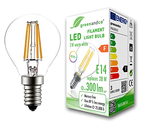 greenandco® CRI90+ Glühfaden LED Lampe ersetzt 28 Watt E14 G45 Globe, 3W 300 Lumen 2700K warmweiß Filament Fadenlampe 360° 230V AC nur Glas, nicht dimmbar, flimmerfrei, 2 Jahre Garantie von greenandco