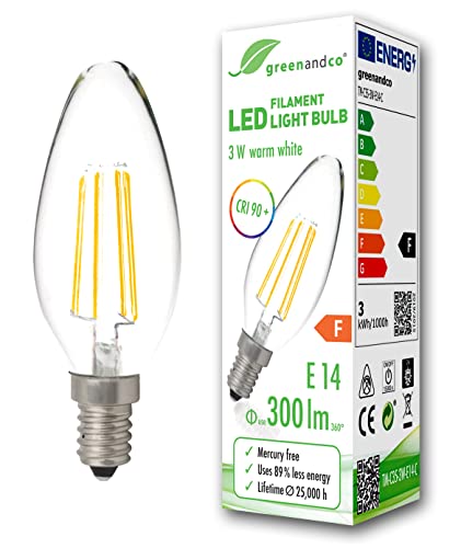 greenandco® CRI90+ Glühfaden LED Lampe ersetzt 28 Watt E14 Kerze, 3W 300 Lumen 2700K warmweiß Filament Fadenlampe 360° 230V AC nur Glas, nicht dimmbar, flimmerfrei, 2 Jahre Garantie von greenandco