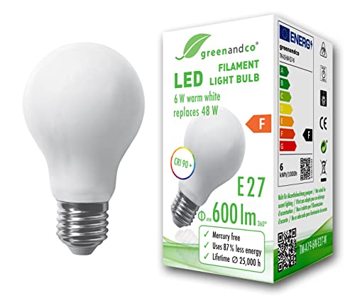 greenandco® CRI90+ Glühfaden LED Lampe ersetzt 48 Watt E27 Birne matt, 6W 600 Lumen 2700K warmweiß Filament Fadenlampe 360° 230V AC nur Glas, nicht dimmbar, flimmerfrei, 2 Jahre Garantie von greenandco