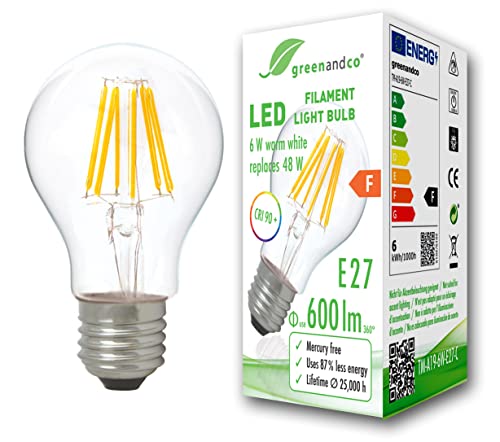 greenandco® CRI90+ Glühfaden LED Lampe ersetzt 48 Watt E27 Birne, 6W 600 Lumen 2700K warmweiß Filament Fadenlampe 360° 230V AC nur Glas, nicht dimmbar, flimmerfrei, 2 Jahre Garantie von greenandco
