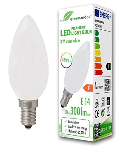 greenandco® CRI90+ LED Lampe ersetzt 28 Watt E14 Kerze matt, 3W 300 Lumen 2700K warmweiß Filament Fadenlampe 360° 230V AC nur Glas, nicht dimmbar, flimmerfrei, 2 Jahre Garantie von greenandco