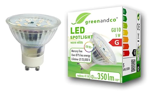 greenandco® CRI 90+ GU10 LED Spot, 5W 350 lm 110° 3000K warmweiß 230V, flimmerfrei, nicht dimmbar, 2 Jahre Garantie von greenandco