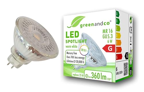 greenandco® CRI 97+ MR16 GU5.3 LED Spot, 6W 360 lm 110° 2700K warmweiß 12V AC/DC, nicht dimmbar, 2 Jahre Garantie von greenandco