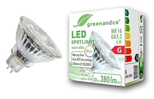 greenandco® CRI 97+ MR16 GU5.3 LED Spot, 6W 380 lm 36° 2700K warmweiß 12V AC/DC, nicht dimmbar, 2 Jahre Garantie von greenandco