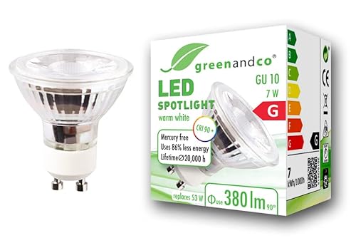 greenandco® CRI 97+ GU10 LED Spot, 7W 380 lm 36° 2700K warmweiß 230V, flimmerfrei, nicht dimmbar, 2 Jahre Garantie von greenandco