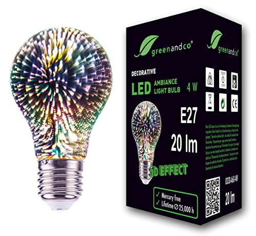 greenandco® Designer LED Lampe mit 3D Feuerwerks-Effekt zur dekorativen Stimmungsbeleuchtung E27 A60 Edison Glühbirne 4W 20lm 230V flimmerfrei nicht dimmbar 2 Jahre Garantie von greenandco