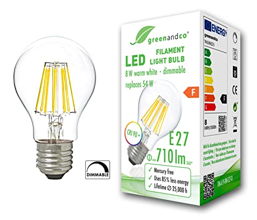 greenandco® CRI90+ Glühfaden LED Lampe dimmbar ersetzt 54 Watt E27 Birne, 8W 710 Lumen 2700K warmweiß Filament Fadenlampe 360° 230V AC nur Glas, flimmerfrei, 2 Jahre Garantie von greenandco