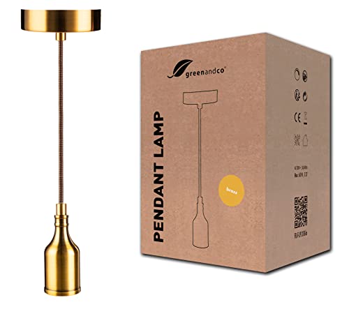 greenandco Hängeleuchte | E27 | Farbe Messing | mit 150cm Textilkabel kürzbar | Vintage Pendelleuchte | 230V | retro Kabellampe von greenandco