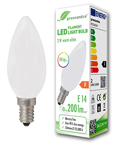 greenandco® CRI90+ LED Lampe ersetzt 20 Watt E14 Kerze matt, 2W 200 Lumen 2700K warmweiß Filament Fadenlampe 360° 230V AC nur Glas, nicht dimmbar, flimmerfrei, 2 Jahre Garantie von greenandco